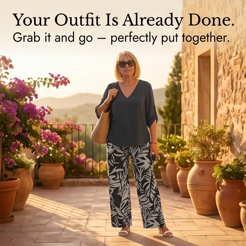 V-Neck Top & Leaf-Print Wide-Leg Pants Set — View 9 | Clova