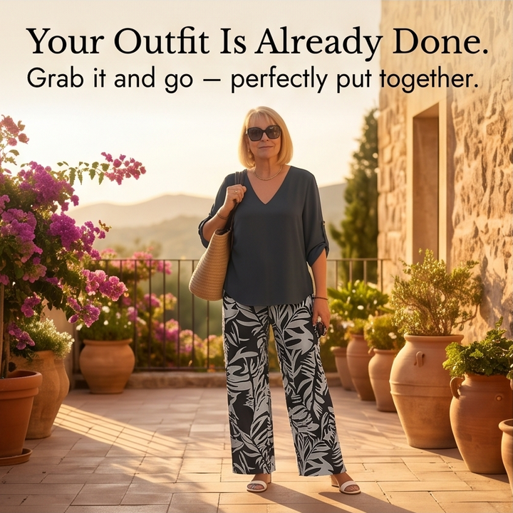 V-Neck Top &amp; Leaf-Print Wide-Leg Pants Set — View 9 | Clova