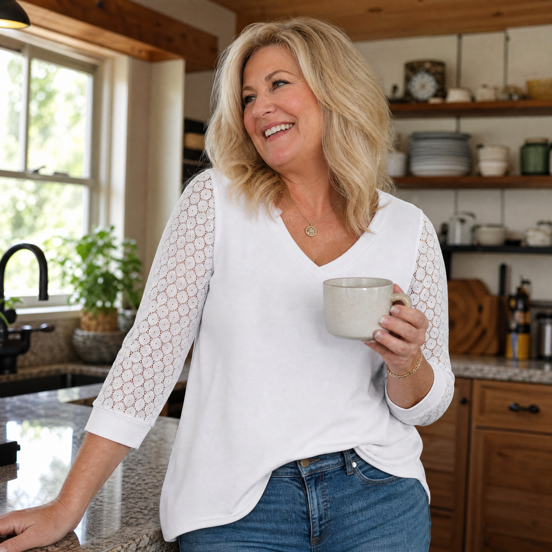 Crochet Lace Sleeve V-Neck Top — View 3 | Clova