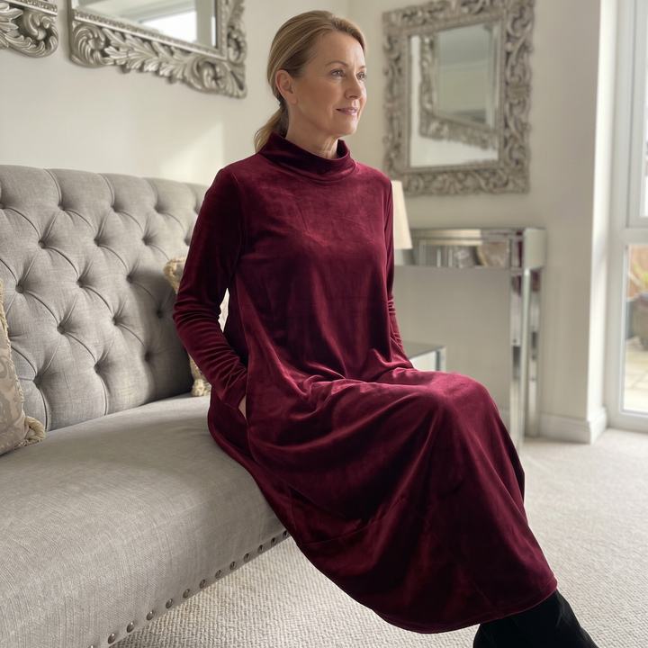 Velvet Cocoon Midi Dress with Hidden Pockets — View 3 | Clova