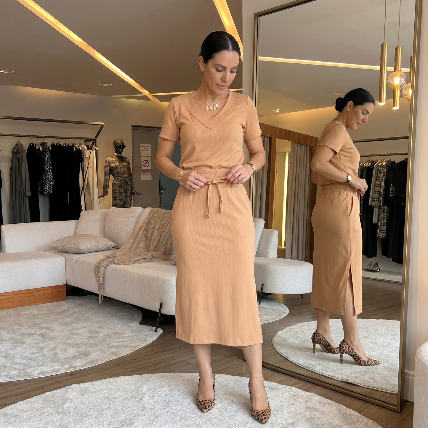 Ribbed V-Neck Top and Midi Skirt Set — View 2 | Clova