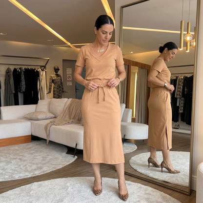 Ribbed V-Neck Top and Midi Skirt Set — View 2 | Clova