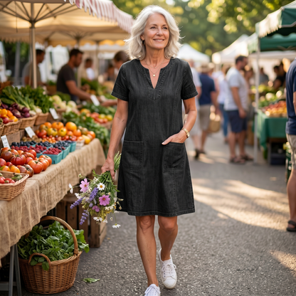 V-Neck Denim Dress with Pockets — View 3 | Clova