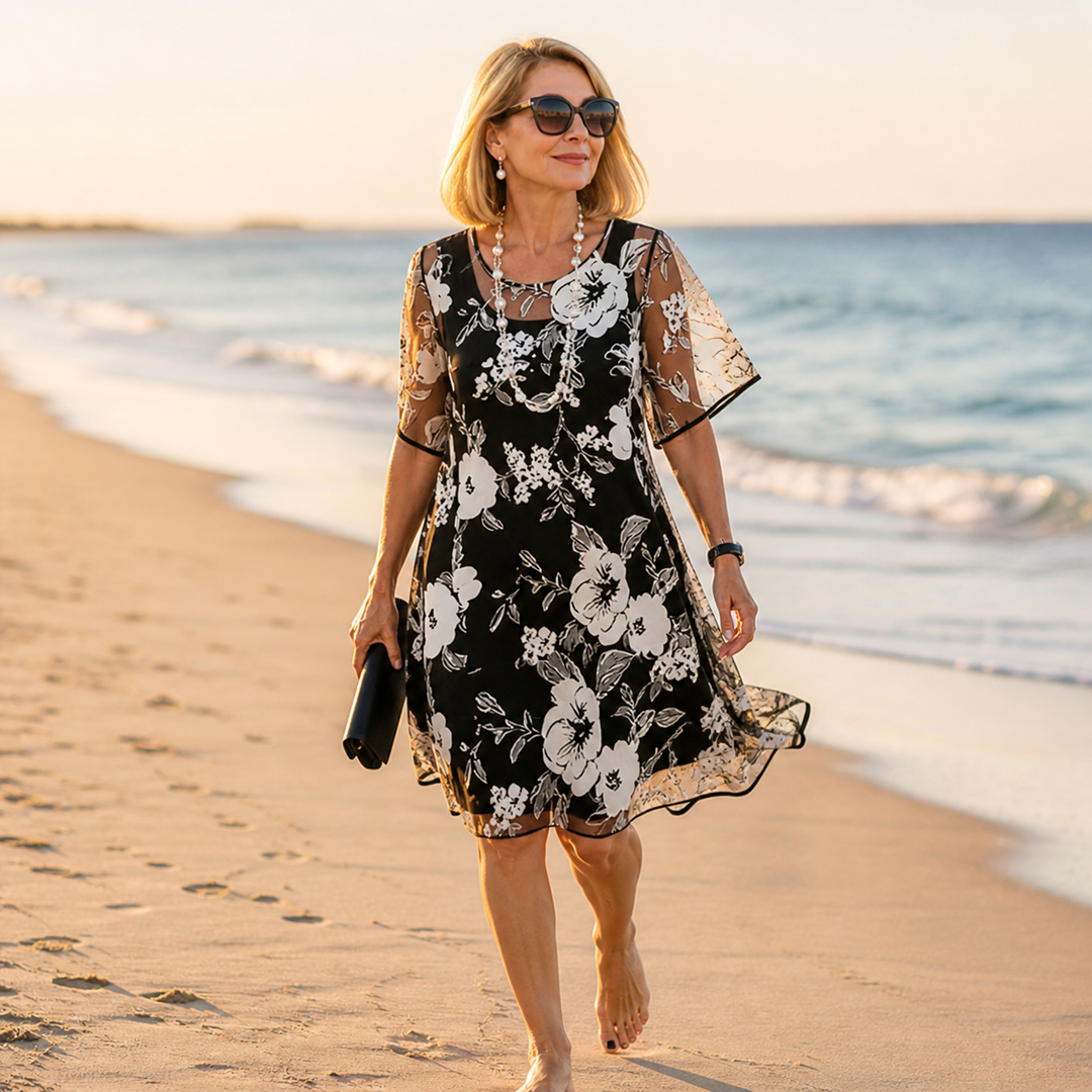 Floral Chiffon Dress with Sheer Overlay — View 3 | Clova