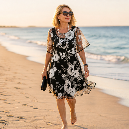 Floral Chiffon Dress with Sheer Overlay — View 3 | Clova
