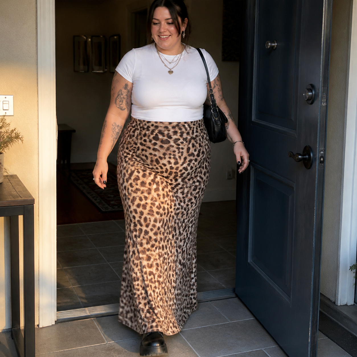 Curvy-Fit Leopard Print Maxi Skirt — View 3 | Clova