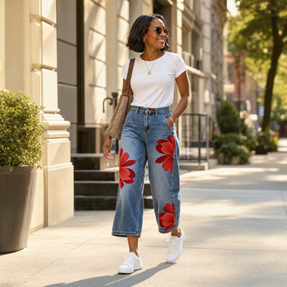 Bold Floral Wide Leg Jeans — View 3 | Clova