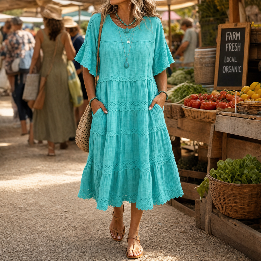 Sundara Tiered Lace Midi Dress with Hidden Pockets — View 3 | Clova