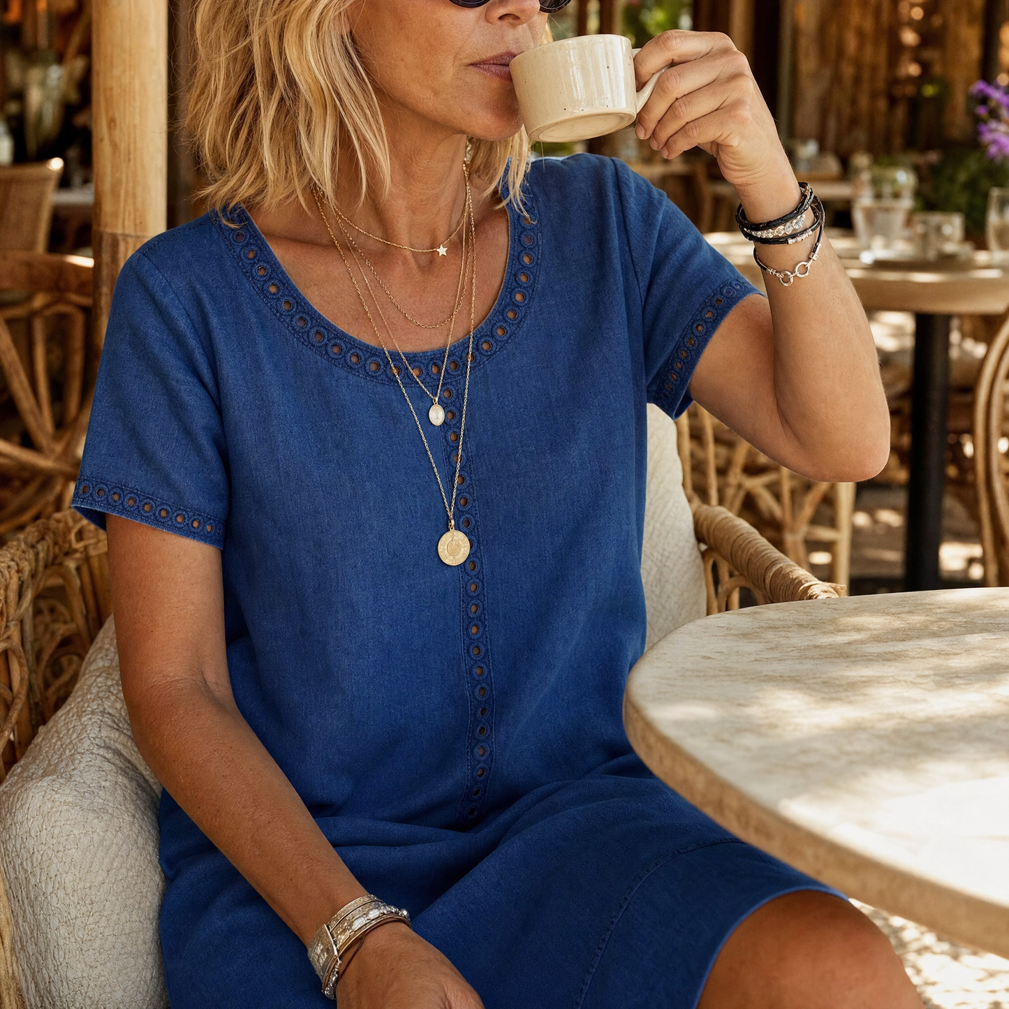 Lunavia Eyelet Trim Linen Midi Dress for Effortless Summer Style — View 3 | Clova