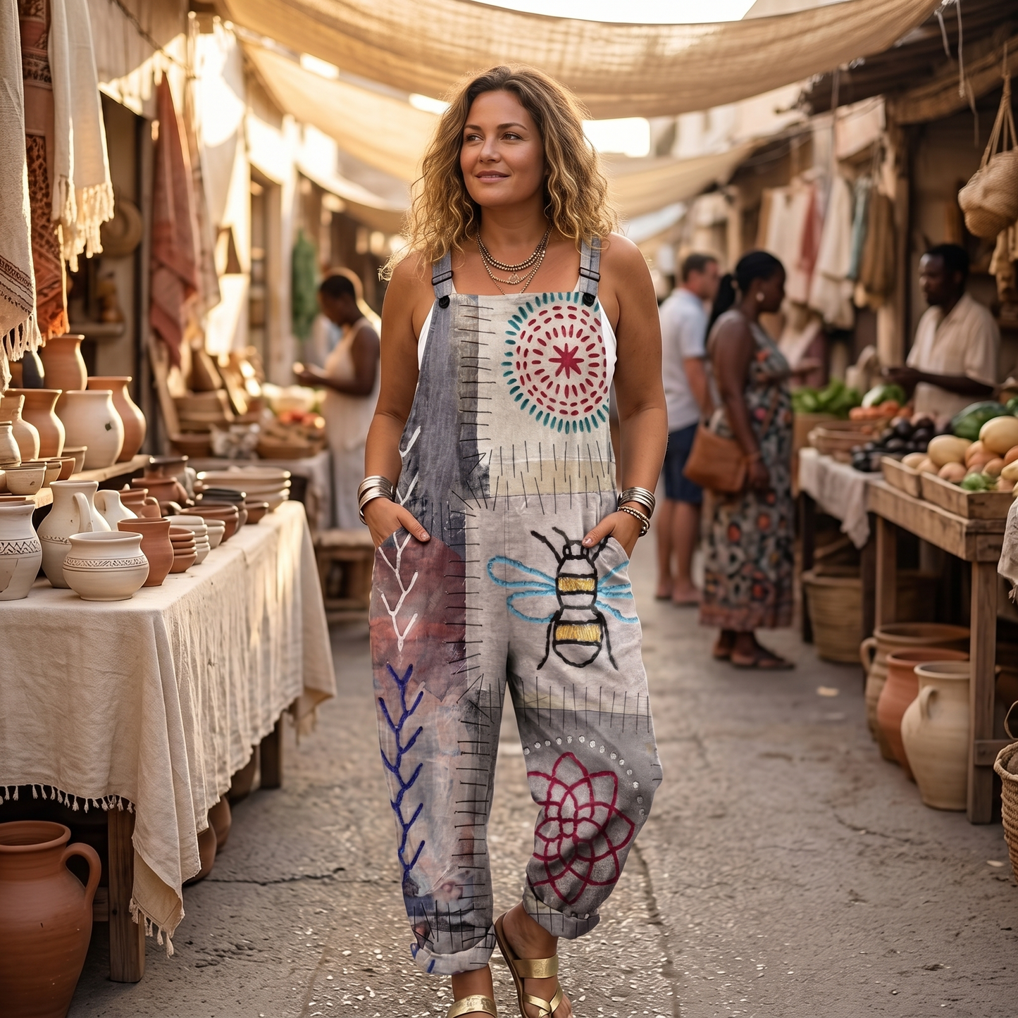 QueenBee Artisan Print Plus-Size Overall — View 3 | Clova