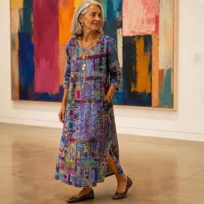 Painterly Patchwork Midi Dress — View 3 | Clova
