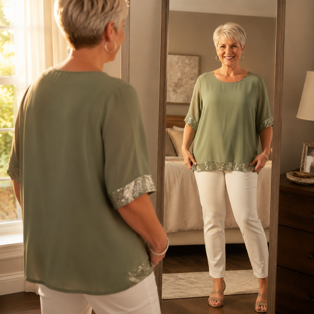Sequin Trim Layered Chiffon Top — View 3 | Clova