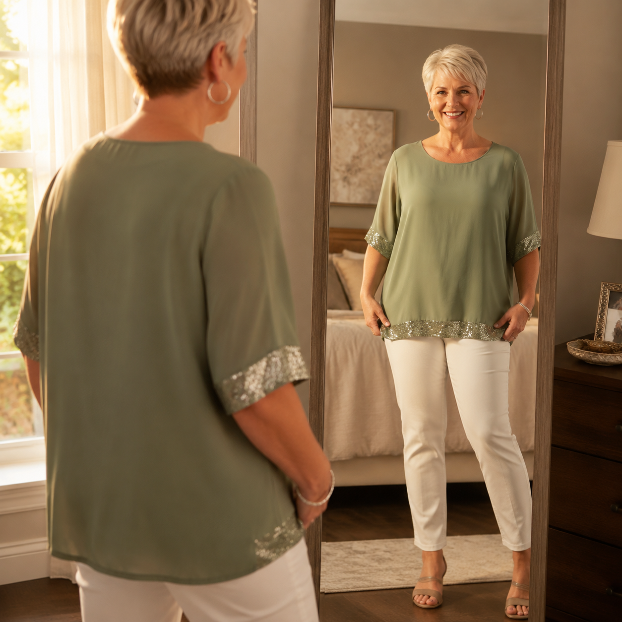 Sequin Trim Layered Chiffon Top — View 3 | Clova