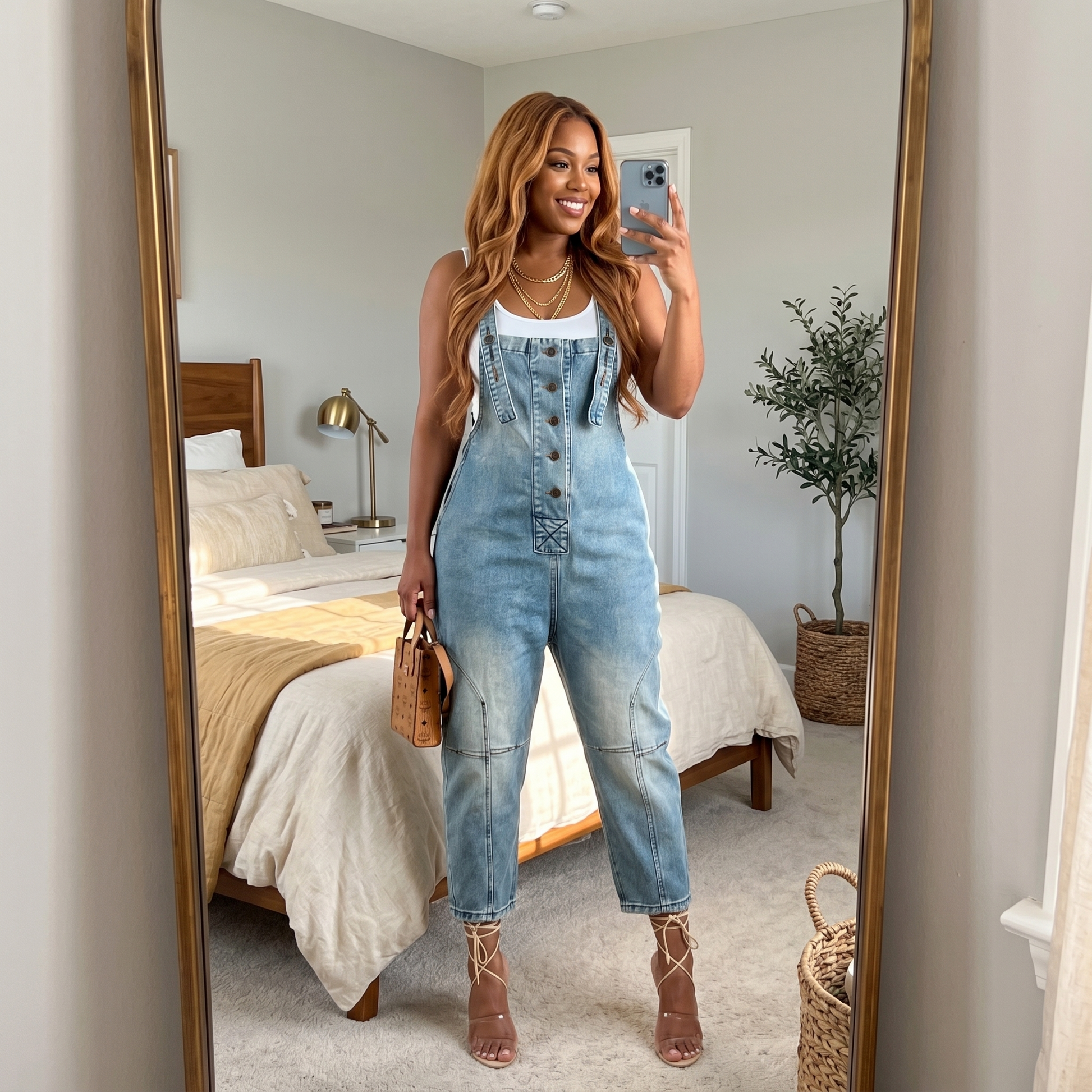 Button-Front Tapered Denim Overalls — View 4 | Clova
