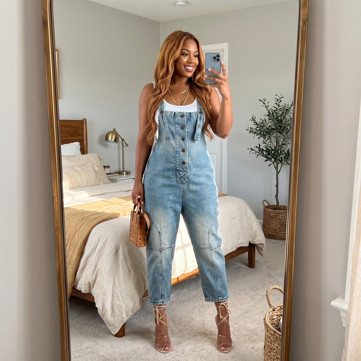 Button-Front Tapered Denim Overalls — View 4 | Clova