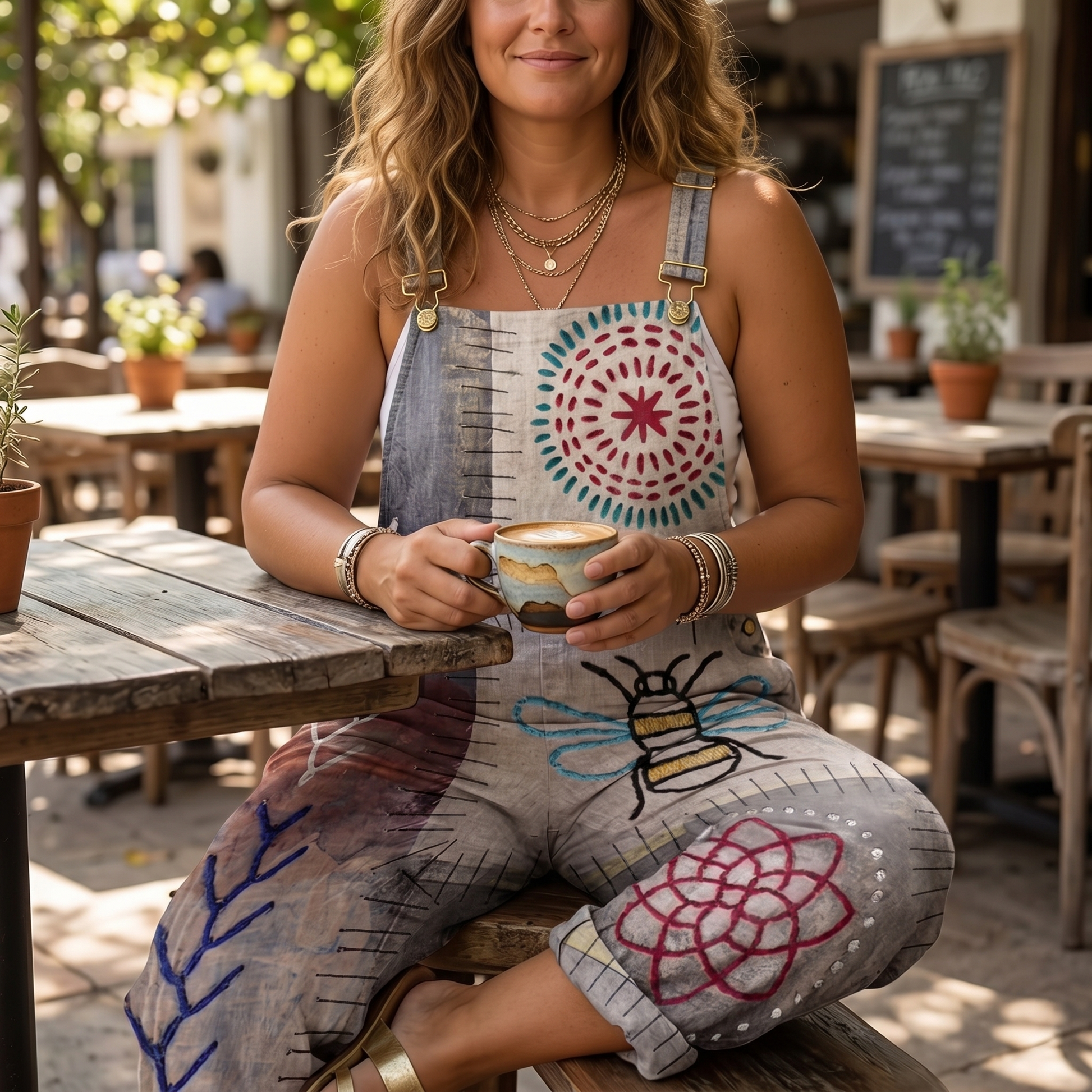 QueenBee Artisan Print Plus-Size Overall — View 4 | Clova