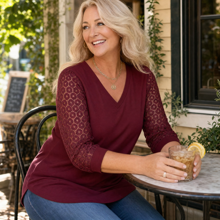 Crochet Lace Sleeve V-Neck Top — View 4 | Clova