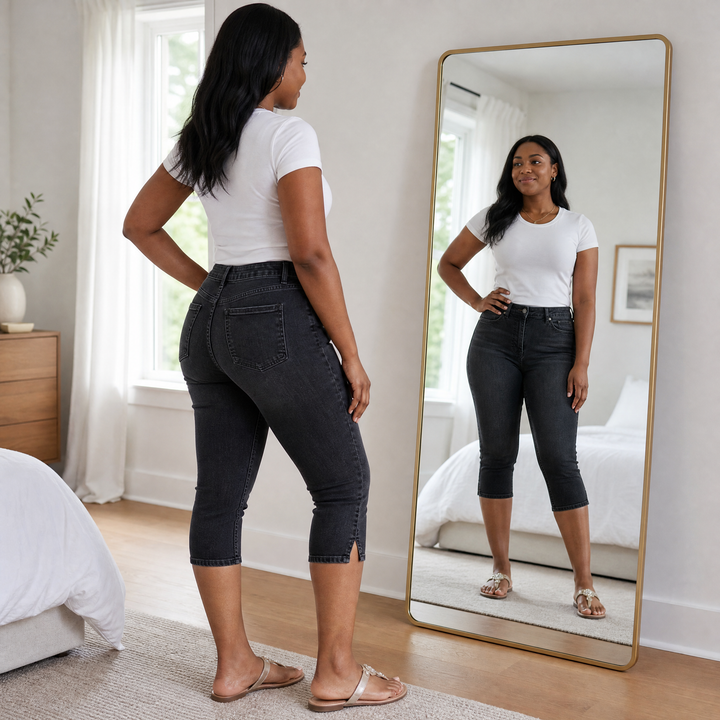 Flattering High-Waist Stretch Denim Capris — View 5 | Clova