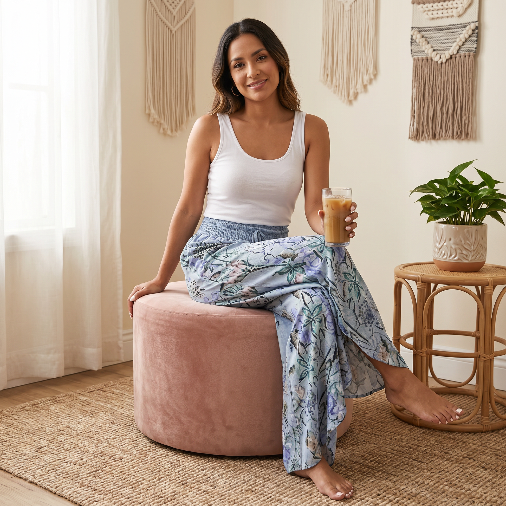 Boho Floral Wide-Leg Pants with Split Front — View 4 | Clova