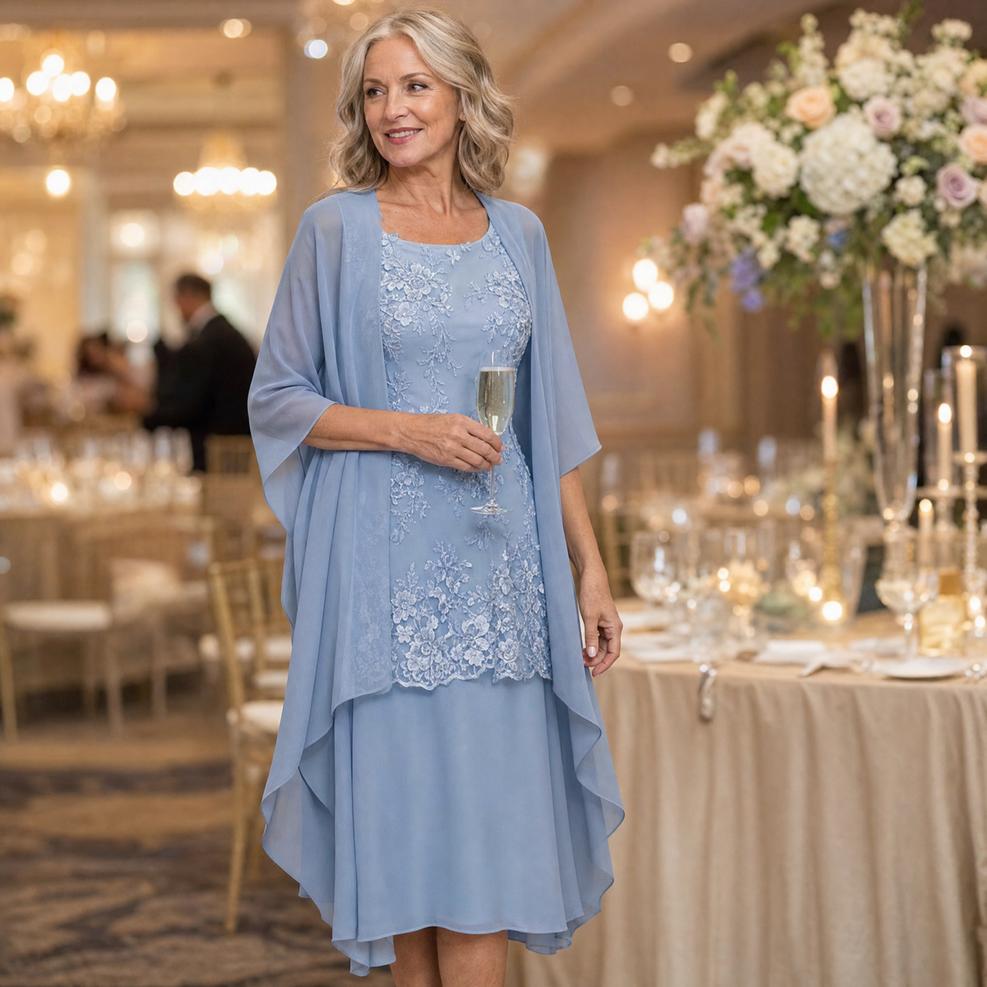 Lunavia Floral Lace Dress Set with Chiffon Shawl — View 4 | Clova