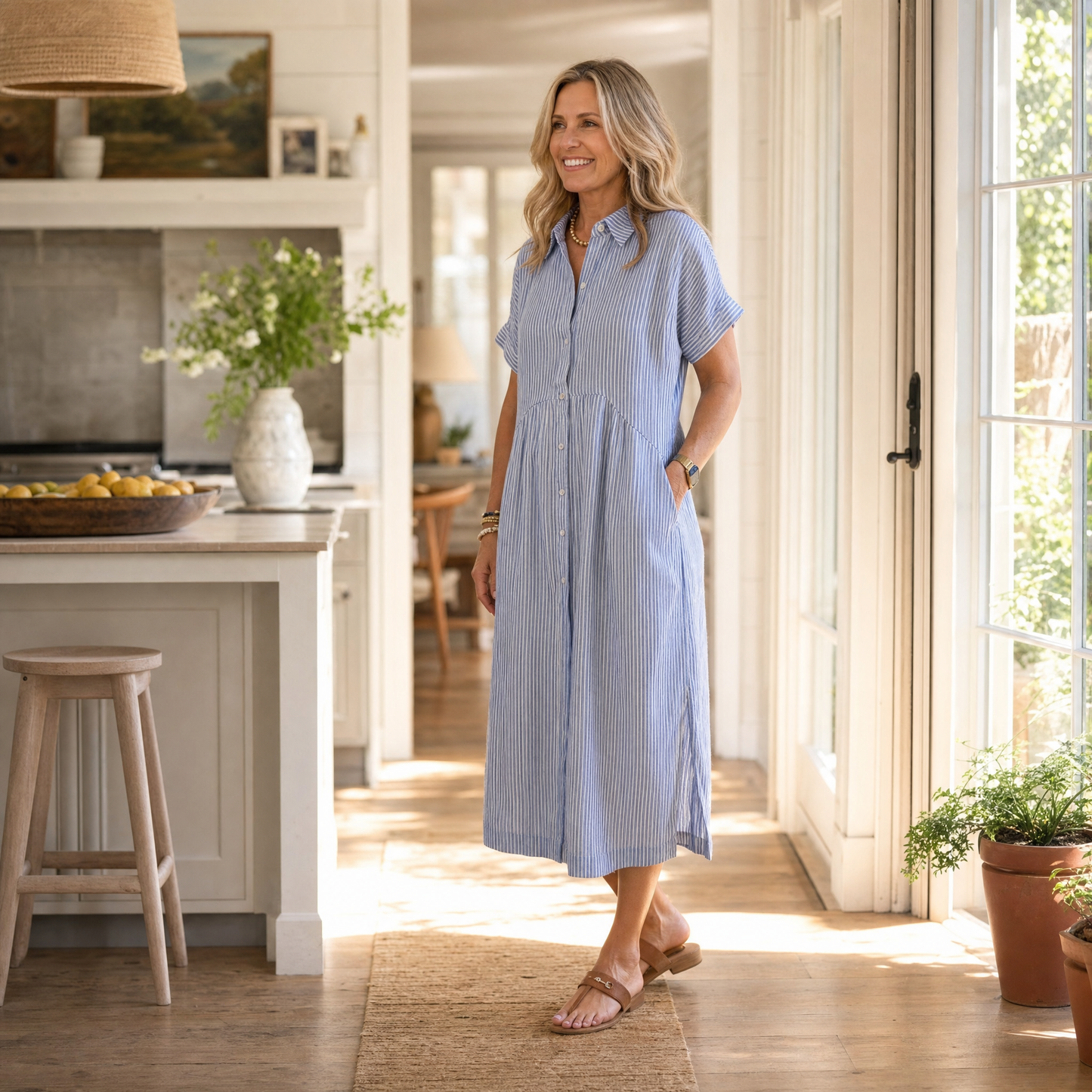 Airy Striped Midi Shirt Dress — View 4 | Clova