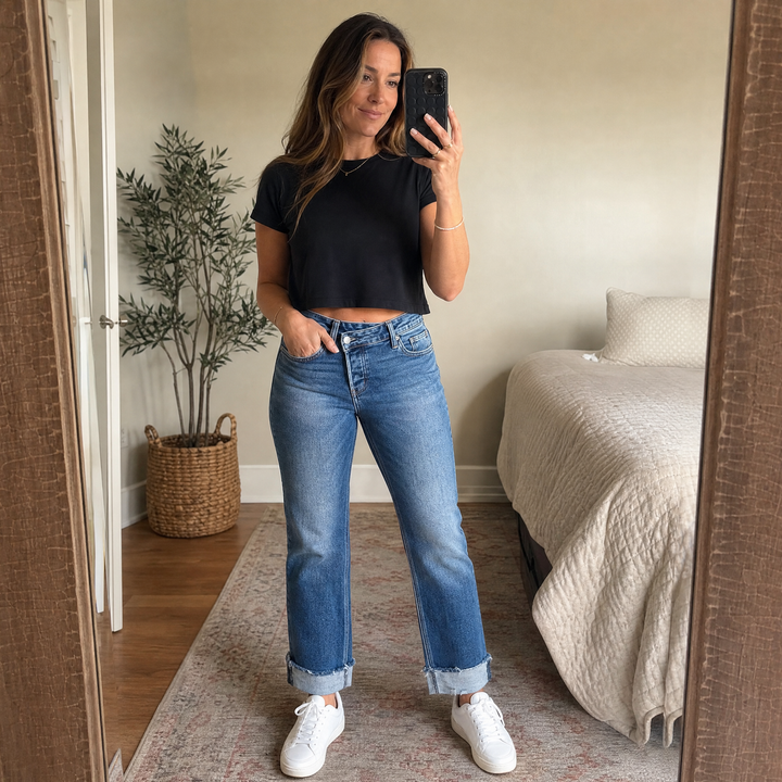 Denvie High-Waisted Crossover Straight-Leg Jeans — View 5 | Clova