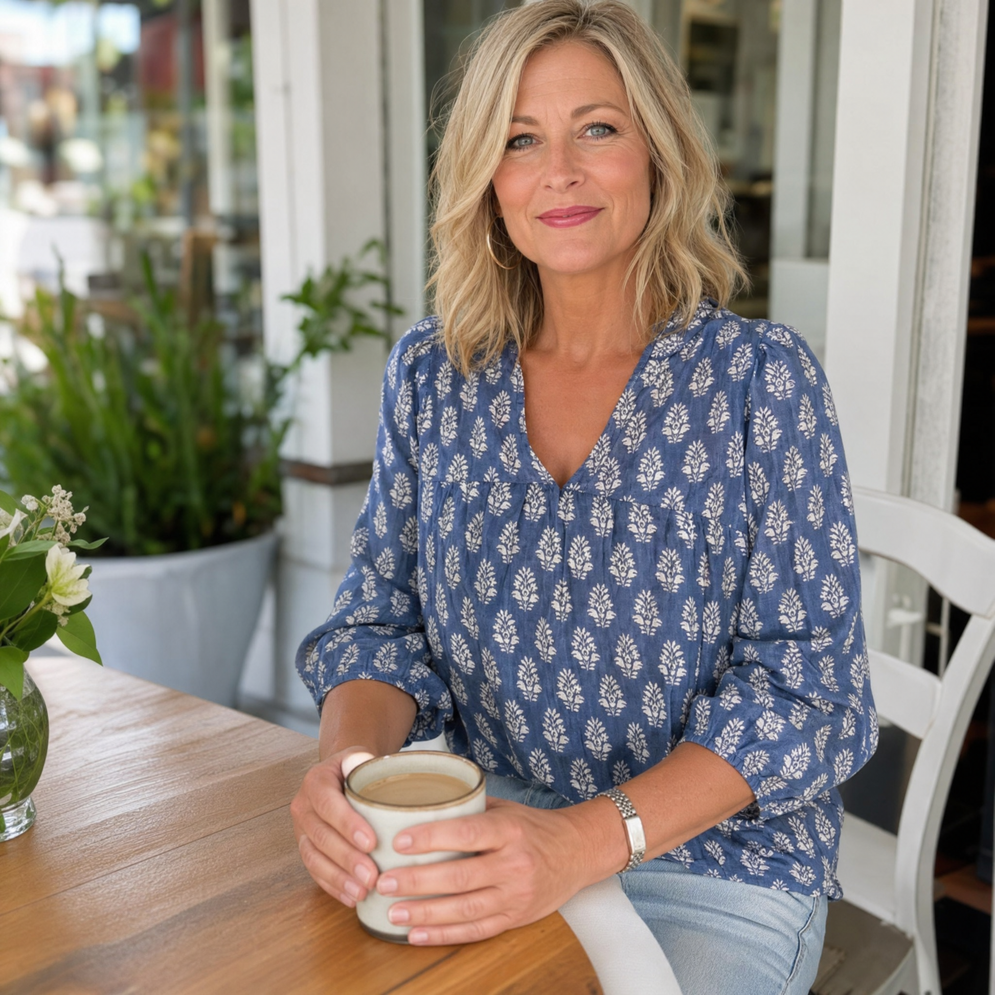 Block-Print V-Neck Summer Blouse — View 4 | Clova