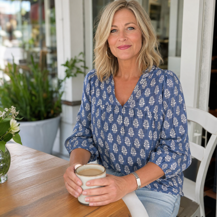 Block-Print V-Neck Summer Blouse — View 4 | Clova