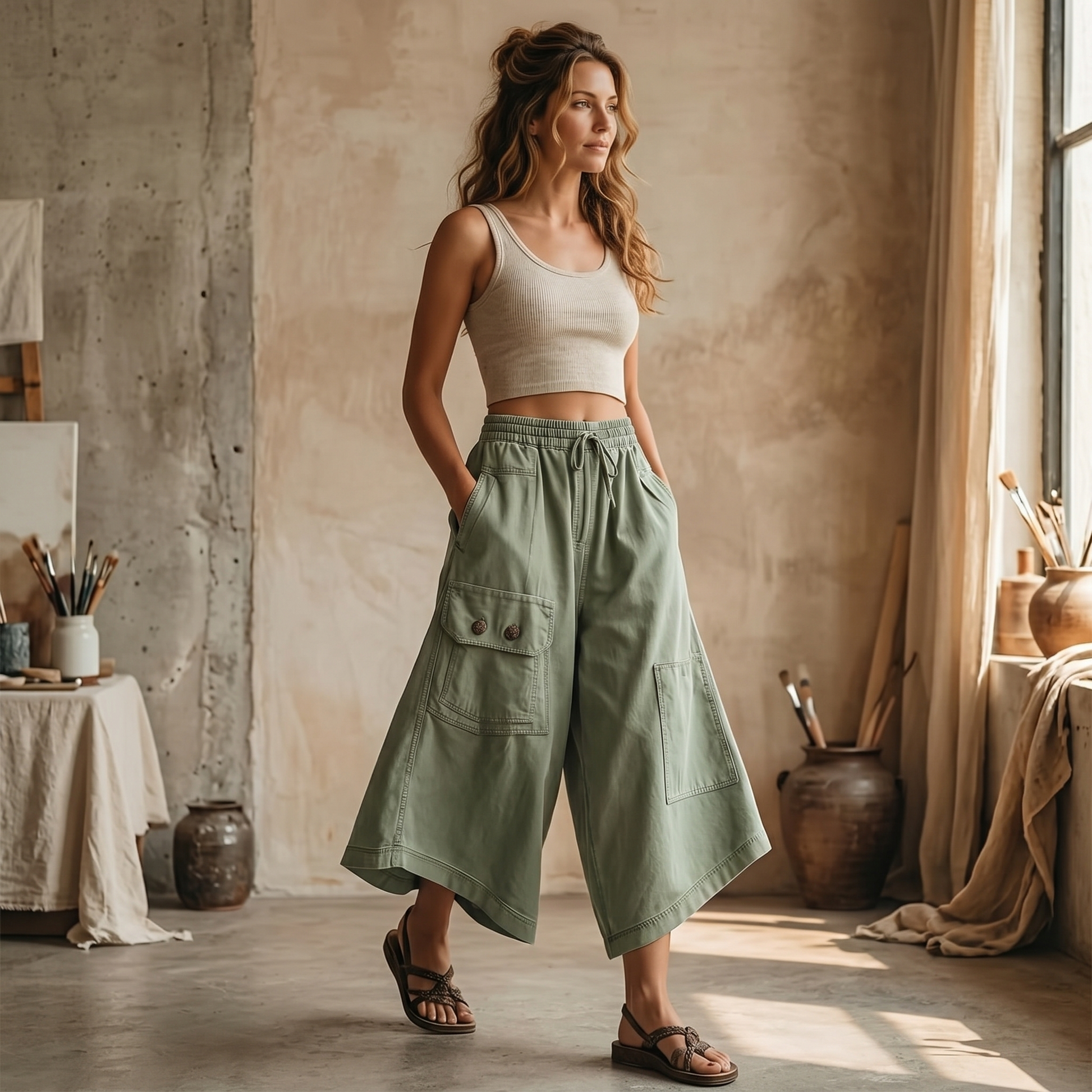 Wide-Leg Cargo Culottes with Asymmetric Hem — View 4 | Clova