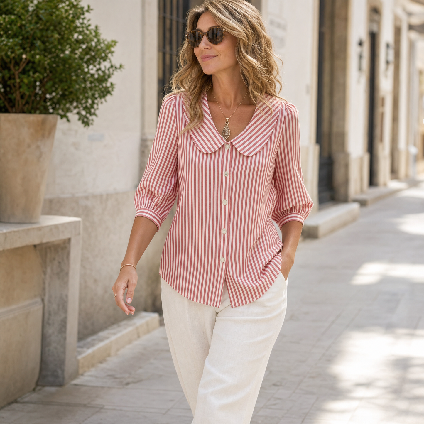 Solène Striped Sailor Collar Blouse with Puff Sleeves — View 4 | Clova