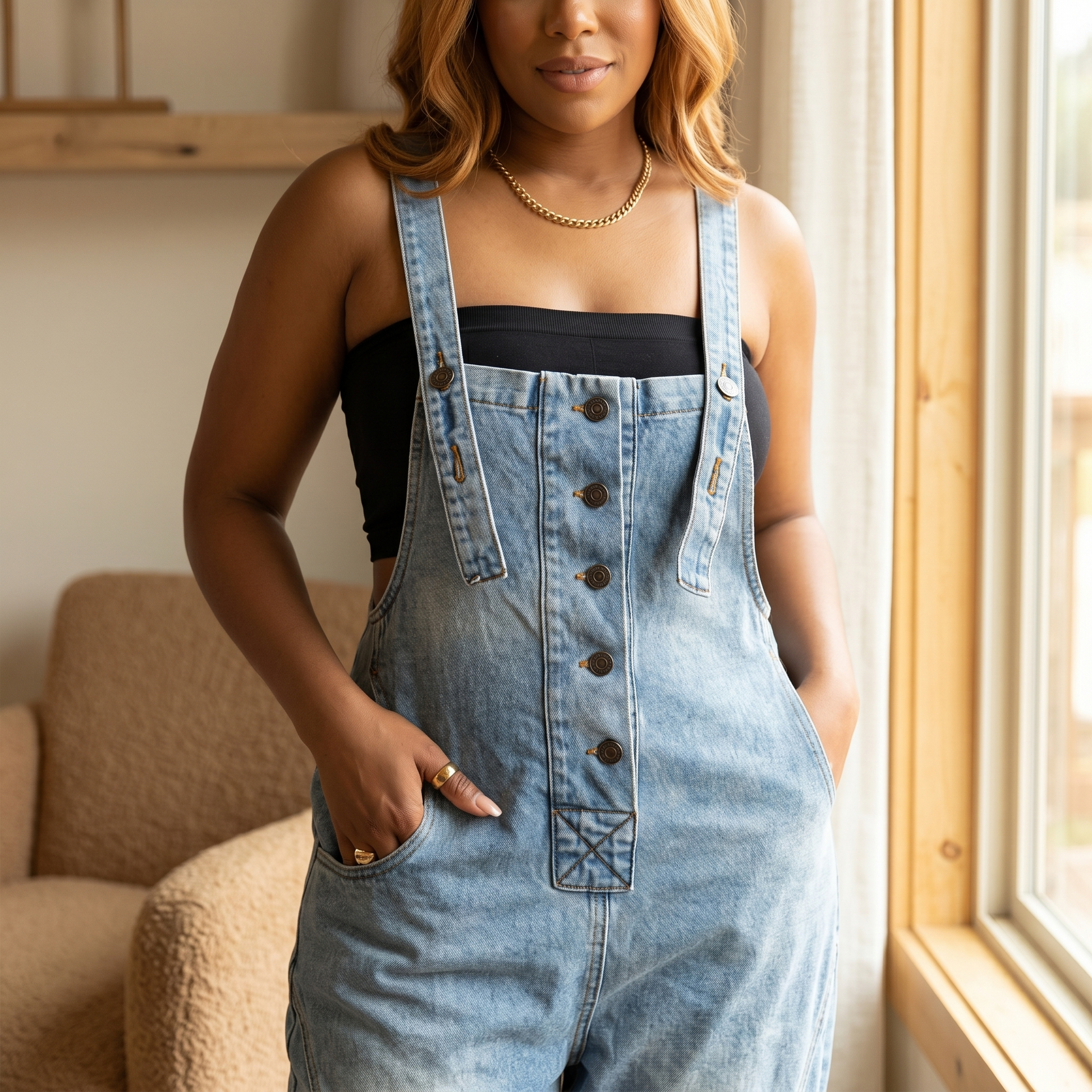 Button-Front Tapered Denim Overalls — View 5 | Clova