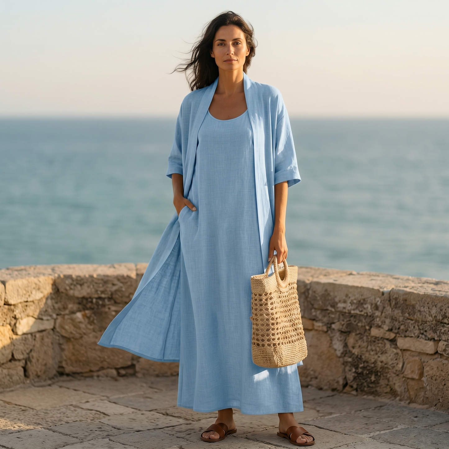 Lunavia Linen Cotton Two Piece Set with Duster — View 5 | Clova