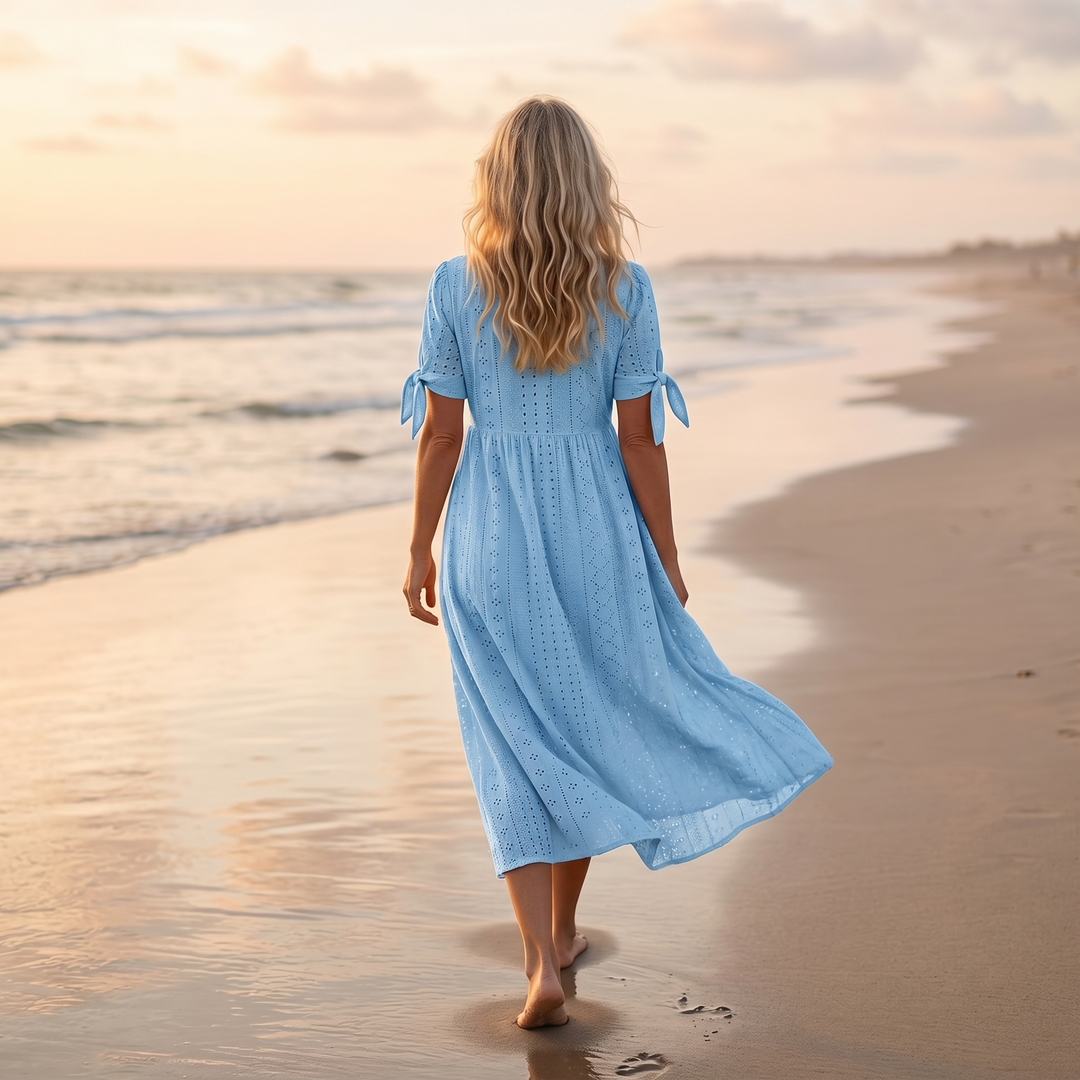 Eyelet Midi Dress with Tie-Bow Sleeves — View 5 | Clova