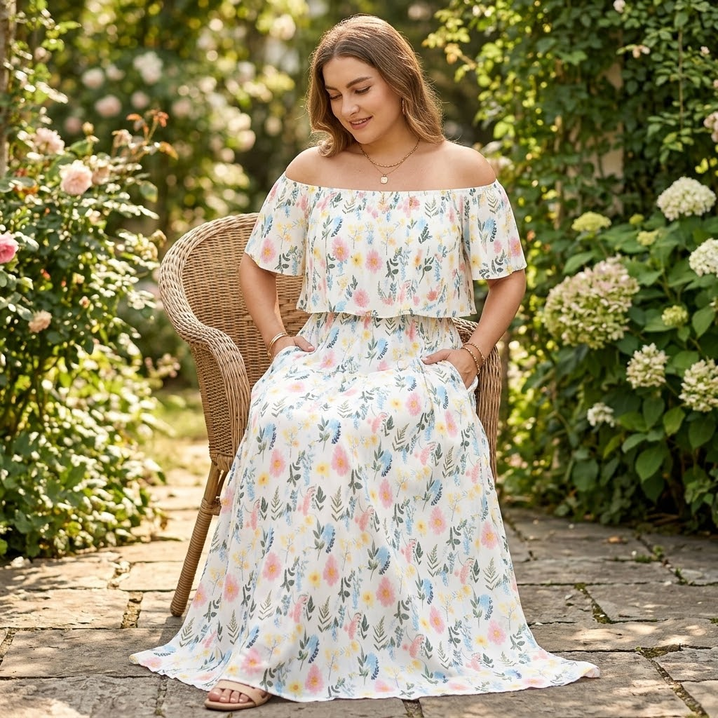 Off-Shoulder Floral Maxi Dress with Hidden Pockets — View 6 | Clova