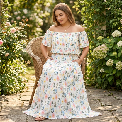 Off-Shoulder Floral Maxi Dress with Hidden Pockets — View 6 | Clova