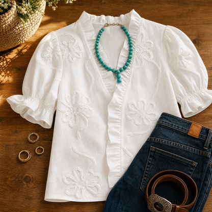 Belvera Romantic Ruffled V-Neck Blouse with Puff Sleeves — View 4 | Clova