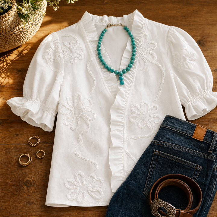 Belvera Romantic Ruffled V-Neck Blouse with Puff Sleeves — View 4 | Clova