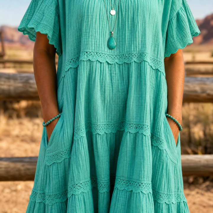 Sundara Tiered Lace Midi Dress with Hidden Pockets — View 5 | Clova