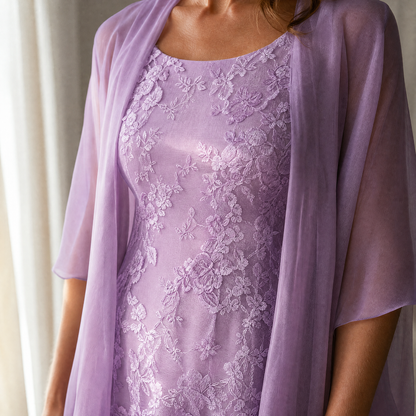Lunavia Floral Lace Dress Set with Chiffon Shawl — View 5 | Clova