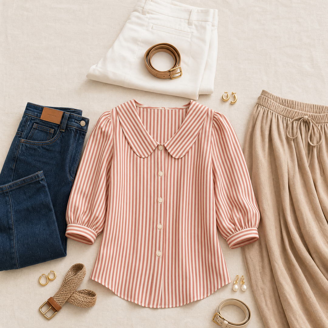 Solène Striped Sailor Collar Blouse with Puff Sleeves — View 6 | Clova