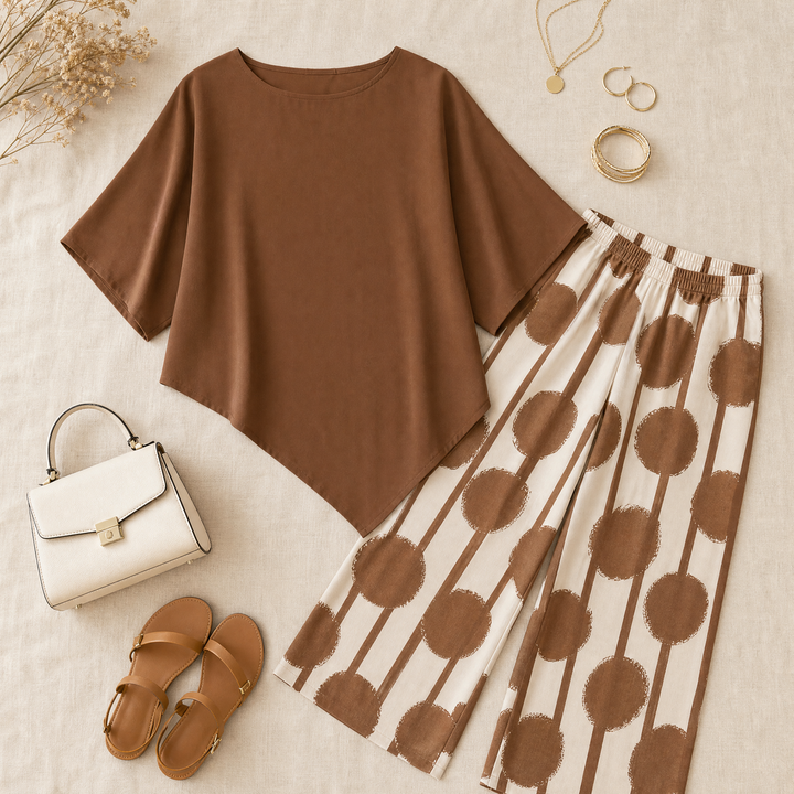 Asymmetric Drape 2-Piece Set with Wide-Leg Print Pants — View 3 | Clova