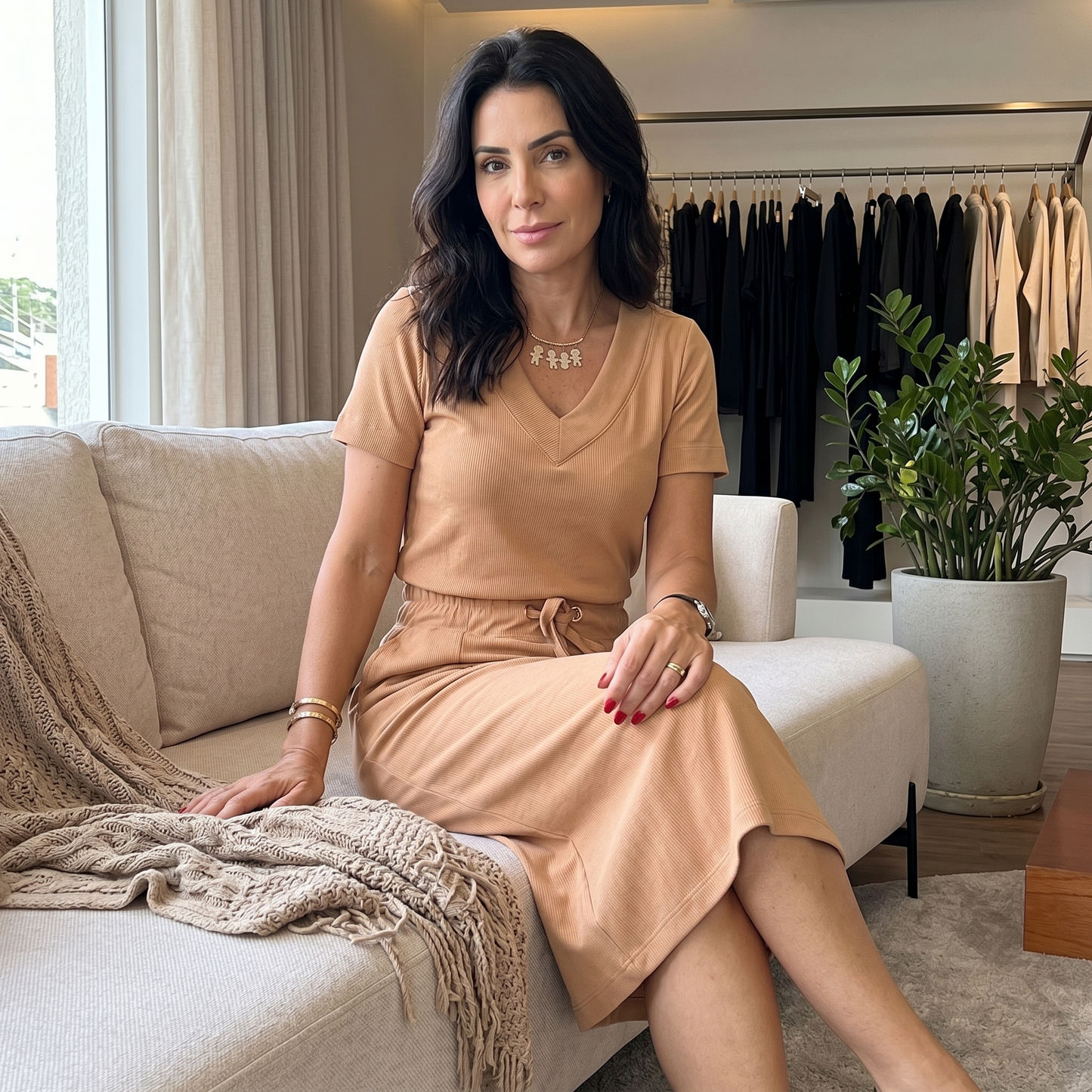 Ribbed V-Neck Top and Midi Skirt Set — View 3 | Clova