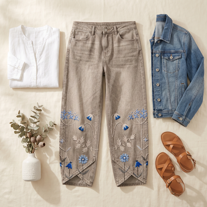 Embroidered Wide-Leg Jeans with Tulip Hem — View 5 | Clova