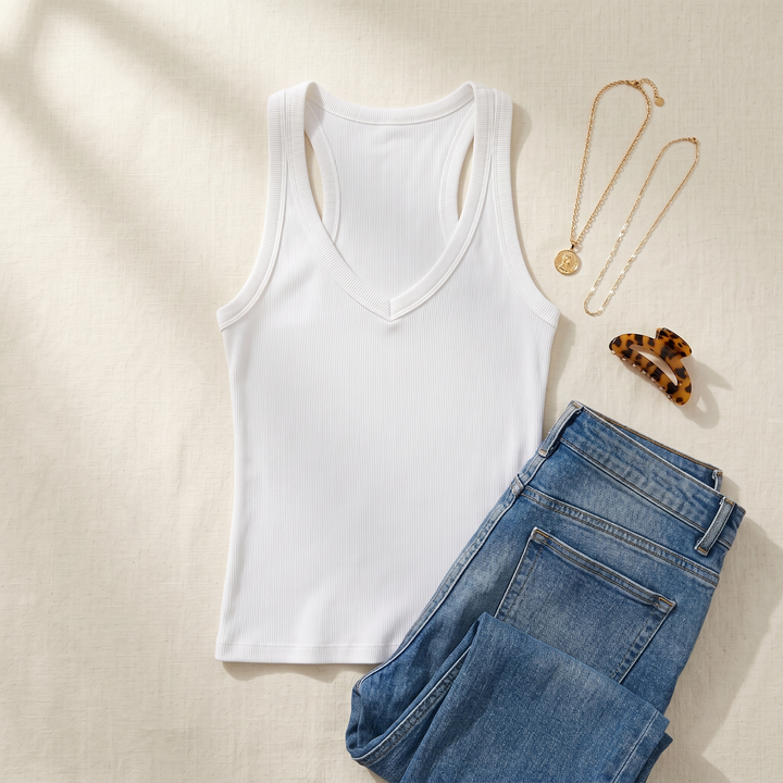 Lunella Ribbed V-Neck Tank with Built-In Bra — View 5 | Clova