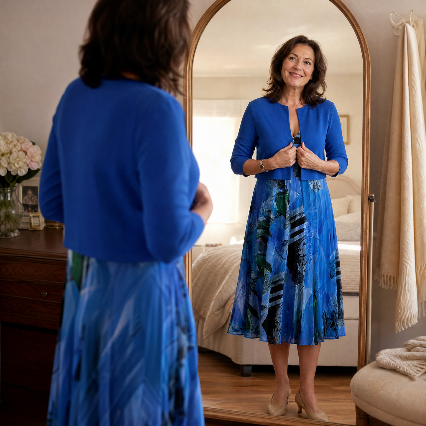 Printed Midi Dress with Attached Cardigan — View 4 | Clova