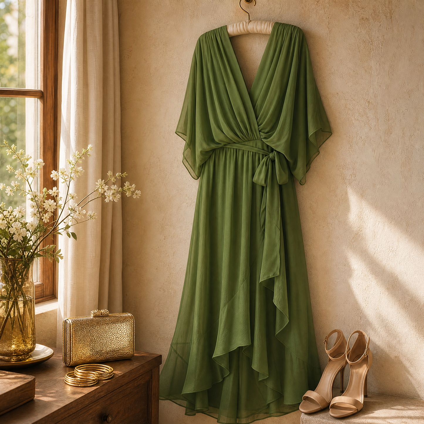 Flowing V-Neck Midi Dress — View 5 | Clova