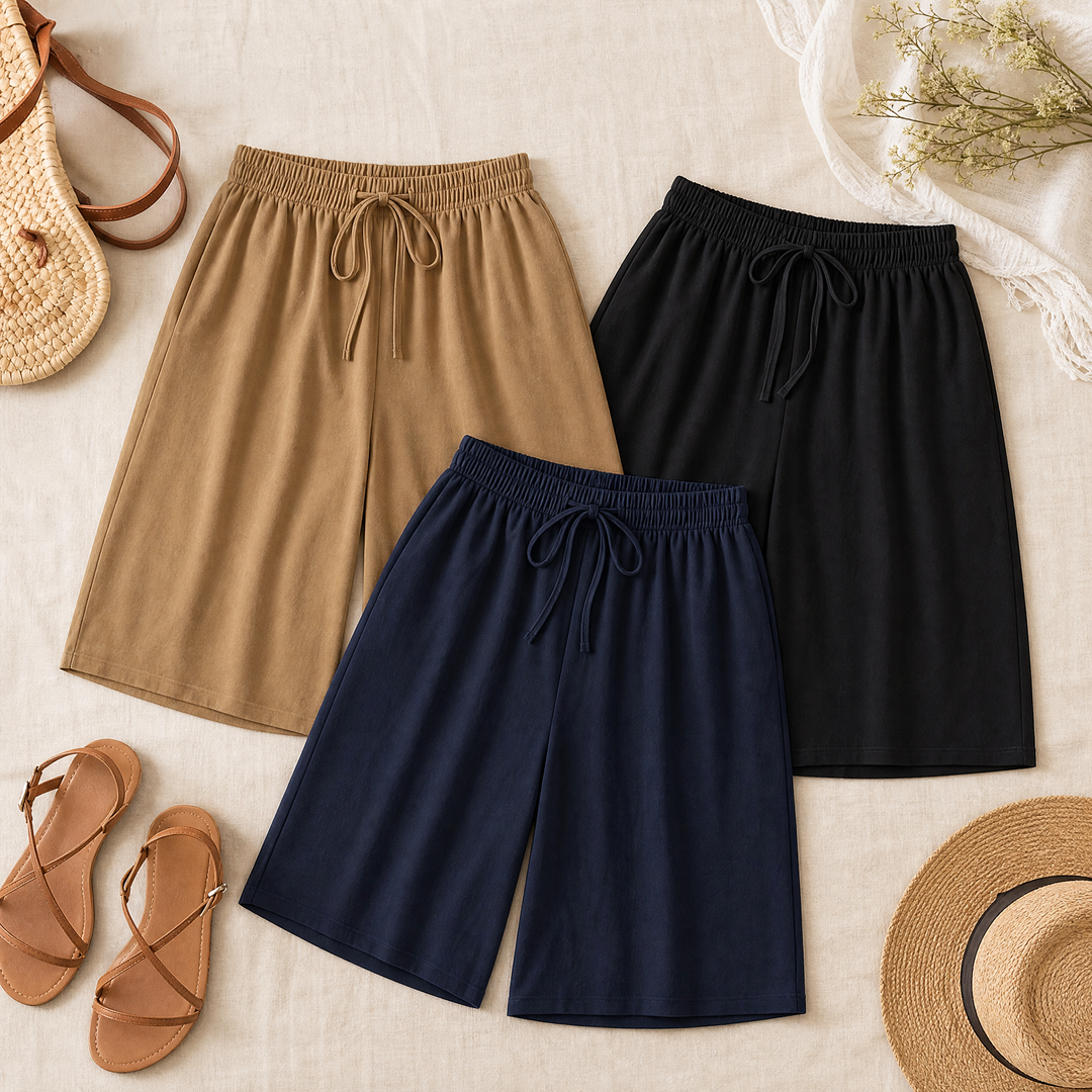 Wide-Leg Drawstring Shorts with Smocked Waist — View 4 | Clova