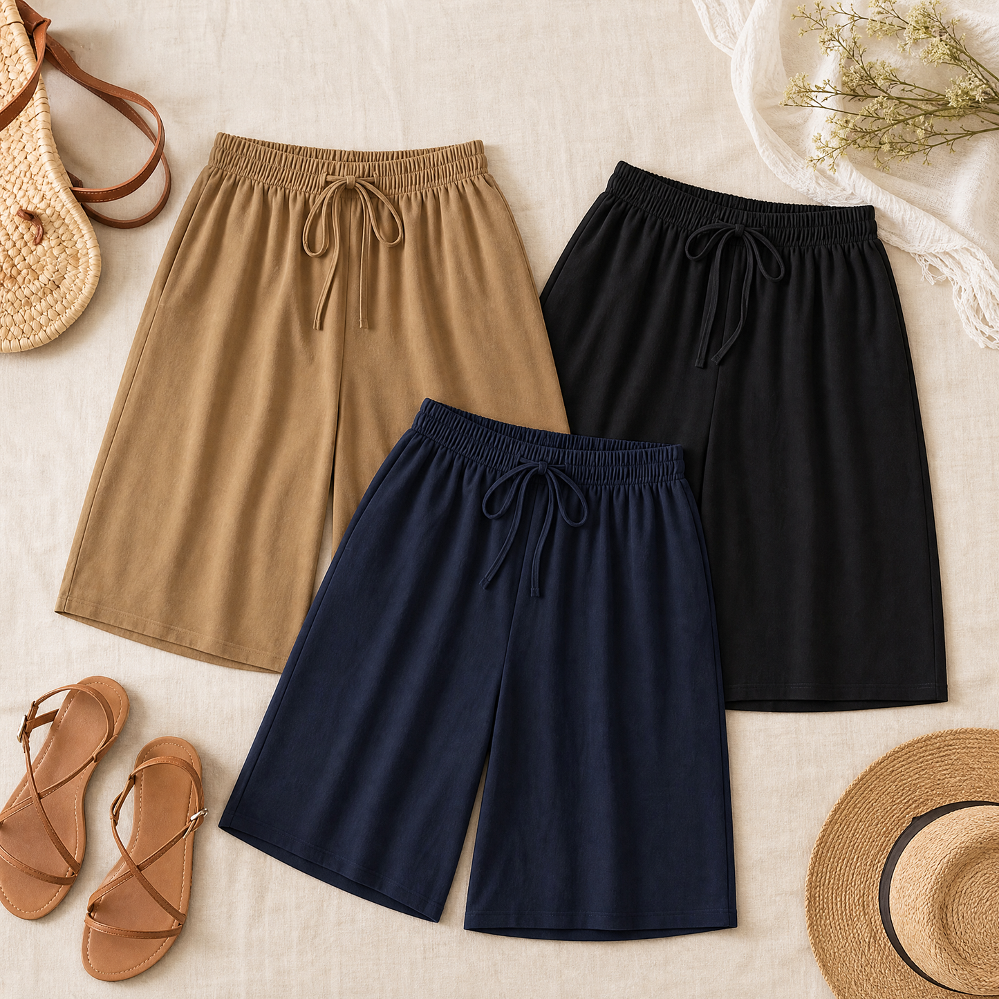 Wide-Leg Drawstring Shorts with Smocked Waist — View 4 | Clova