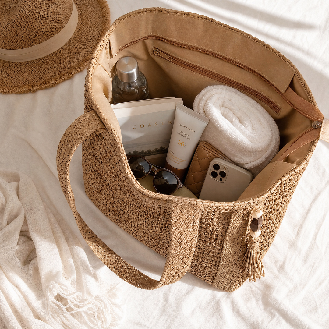 Handwoven Straw Tote with Zip Lining