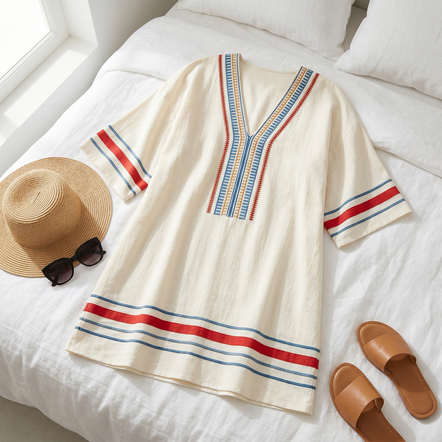Sienna Embroidered Kaftan Mini Dress for Vacation — View 5 | Clova